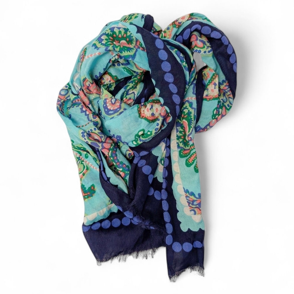 TALBOTS Colorful Oblong Floral Scarf Navy Blue Aqua Green Coral Pink 72x27 New - Picture 4 of 12